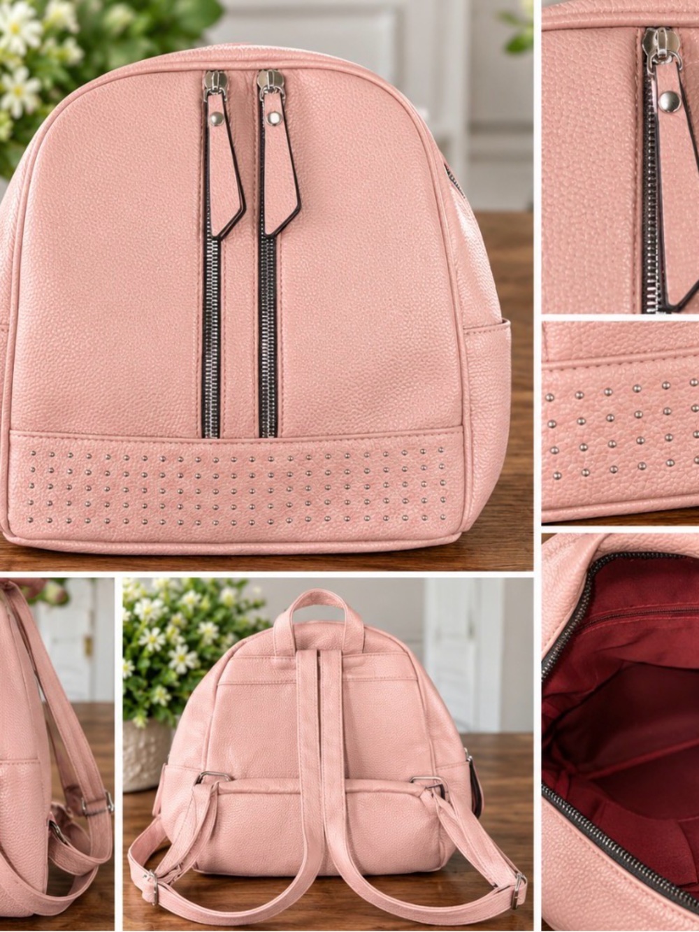 Pink Studded Faux Leather Backpack with Dual Zippers